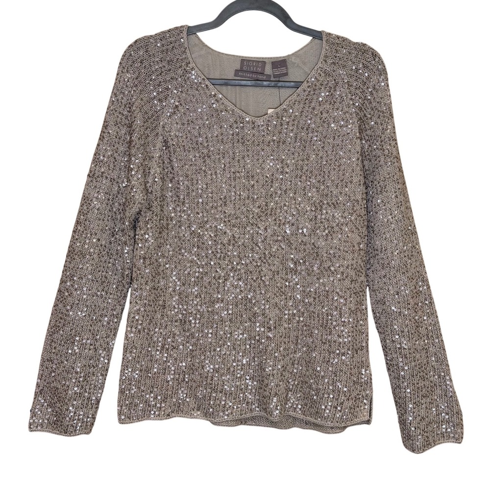 Sigrid Olsen Womens Sequin Linen Blend Sweater Pale Grey Large NWT Hand Knitted - Picture 2 of 9